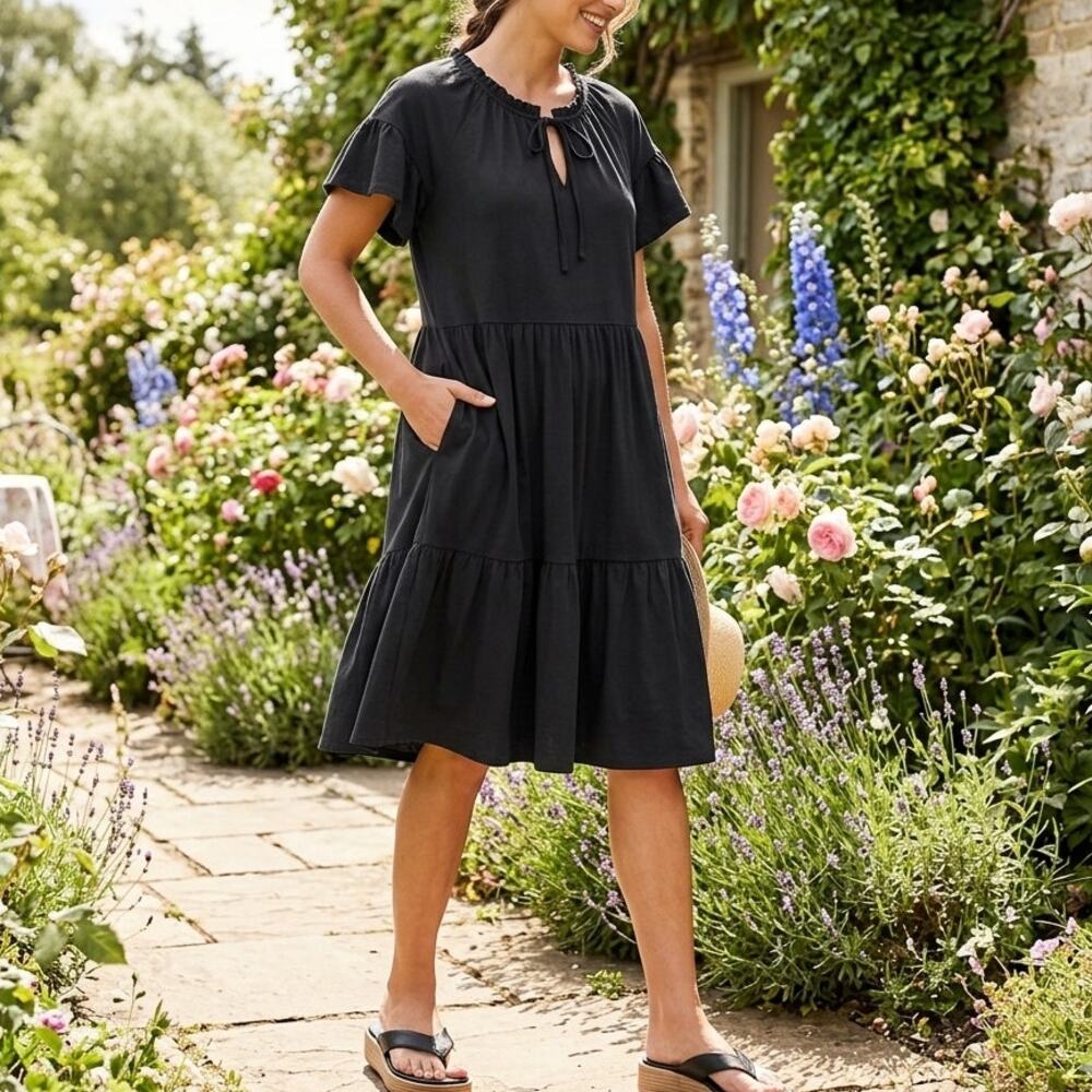 Seven7 Black Tiered Cottagecore Dress 1X Ruffle Pleats Pockets Basic Neutral NWT